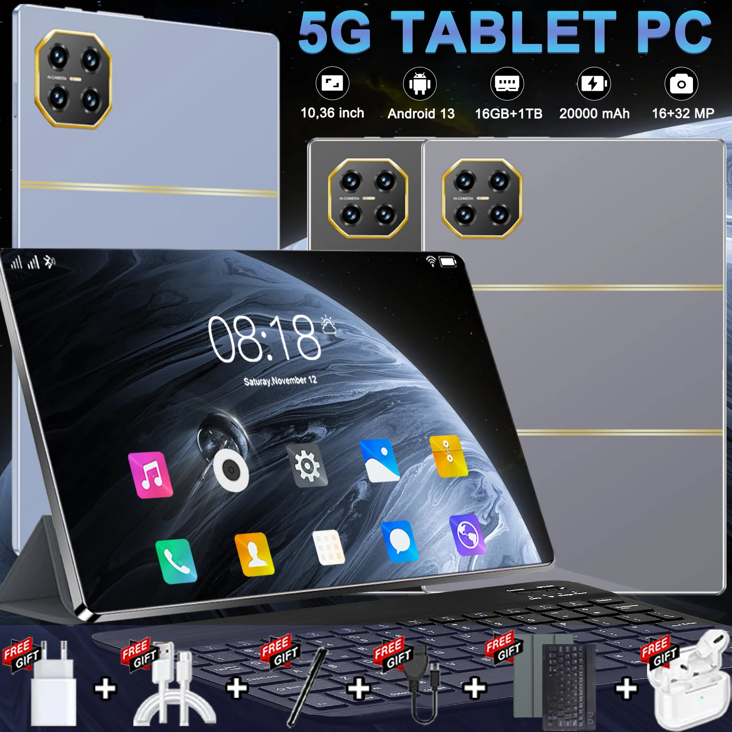 Tablette Portable 2026 10,36 Pouces Version Mondiale Android 13.0 CPU 14 Cœurs Espace 16Go+1To Batterie Longue Autonomie 20000mAh Réseau WiFi Caméras 16MP+32MP