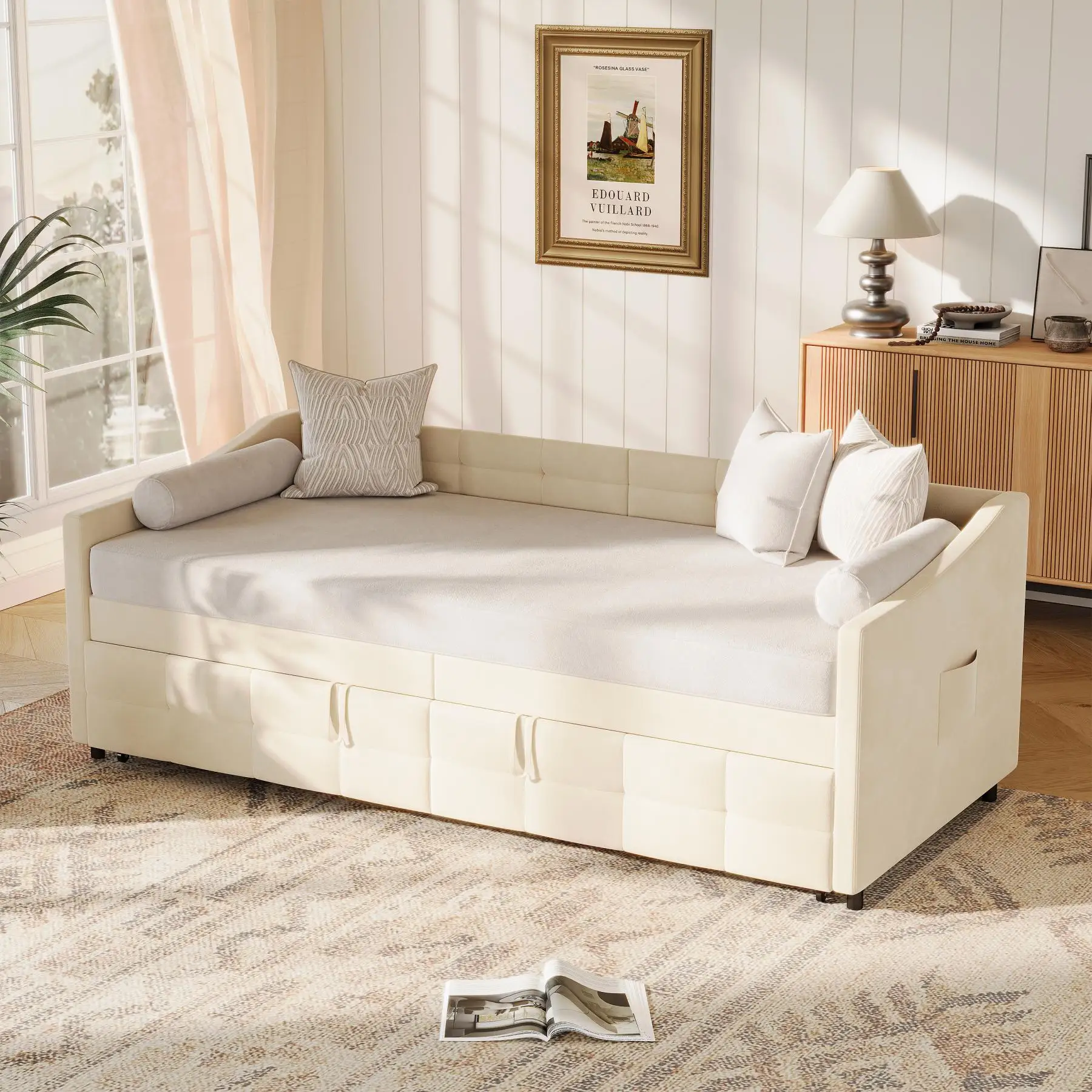 90x200cm ausziehbares Schlafsofa, Doppelschlafsofa mit Rückenlehne, Armlehnen und Seitentaschen, Jugendbett, kann als Gästebett verwendet werden, beige, Samtstoff, geeignet für Wohnzimmer, Büro,