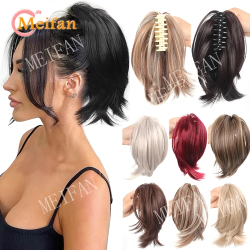 Clip de garra recta, coleta corta, moño sintético, moño de pelo esponjoso y desordenado, extensiones de cola de pelo, postizos naturales para mujer