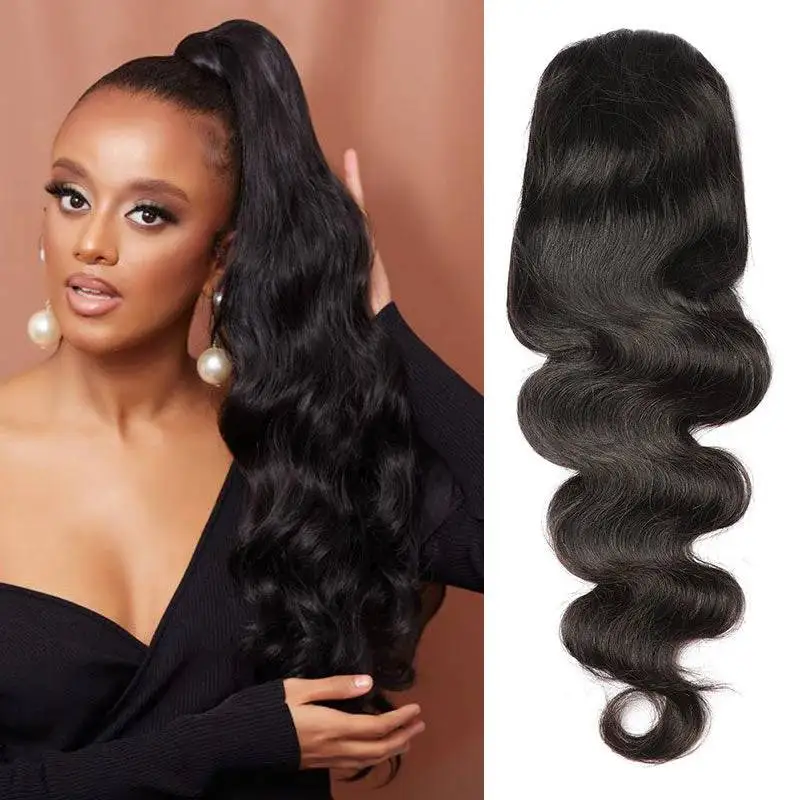 Body Wave Drawstring Ponytail Human Hair Extensions Clip In Wave Ponytail For Women #1B Ponytail Extensions 26Inches