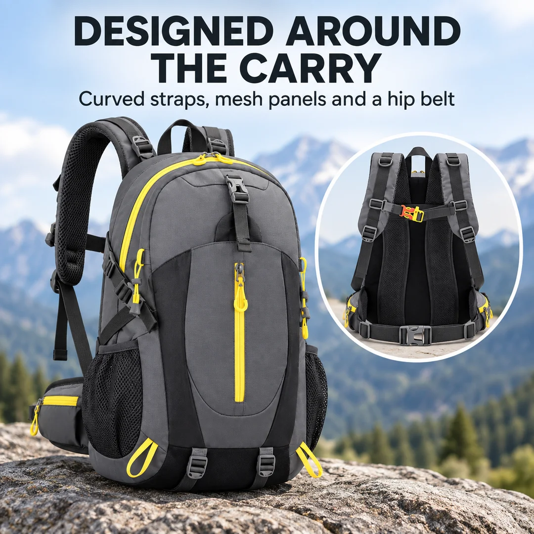 Hiking Backpack Outdoor Daypack, Military Green Multi Pocket Rucksack with Mesh Side Pockets and Small Pouch, Travel Camping