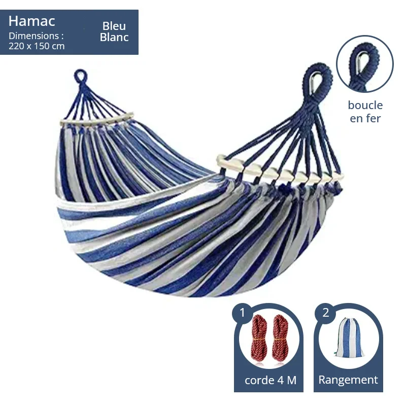 Hamac double en coton / tissu / toile - 220 x 150 cm - pour le jardin, camping, nature, été