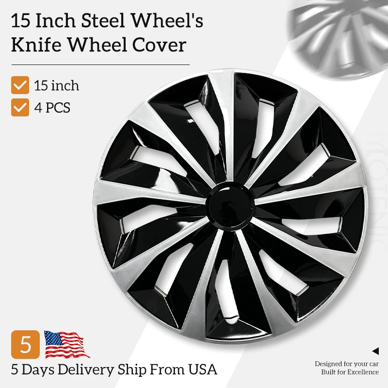 15 inch Knife Style Hubcaps Black & Silver Wheel Covers for Cars Set of 4 Fits Honda Volkswagen, Chevy, Mazda,Dodge Hub Caps
