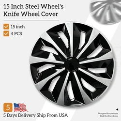 15 inch Knife Style Hubcaps Black & Silver Wheel Covers for Cars Set of 4 Fits Honda Volkswagen, Chevy, Mazda,Dodge Hub Caps