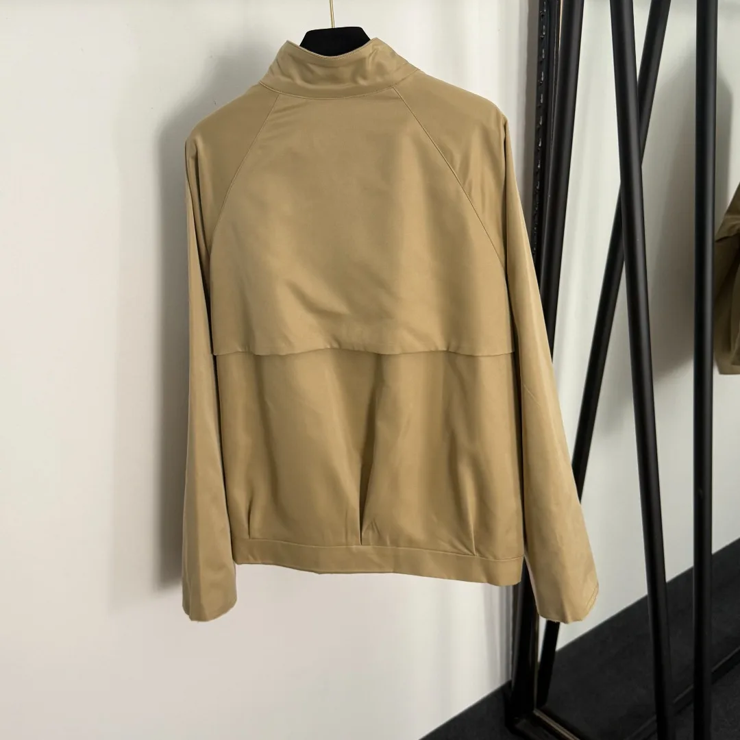

New Plaid Lined Stand Collar Long Sleeve Zipper Windbreaker Jacket Khaki Jacket