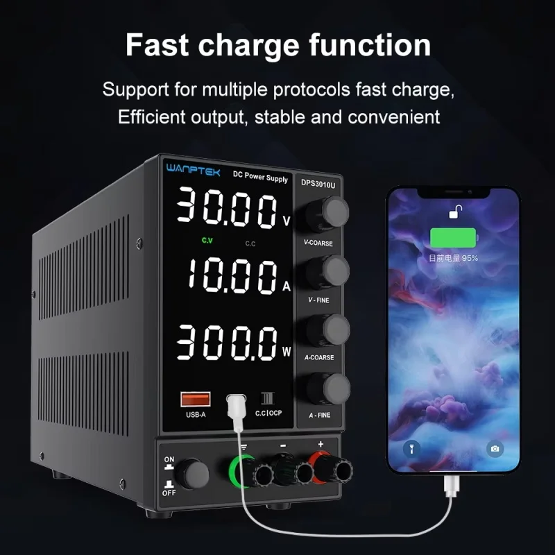

Регулируемый источник питания постоянного тока 30 В 10 А с энкодером, грубыми и тонкими ручками регулировки, стенка с портом быстрой зарядки USB TypeC