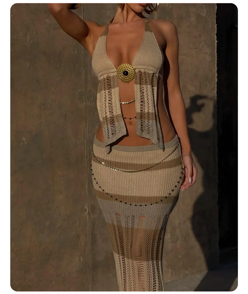 Costume da bagno da spiaggia sexy in maglia a righe senza schienale con scollo all'americana e gonna a vita alta Costume da bagno scavato avvolgente per bikini all'uncinetto