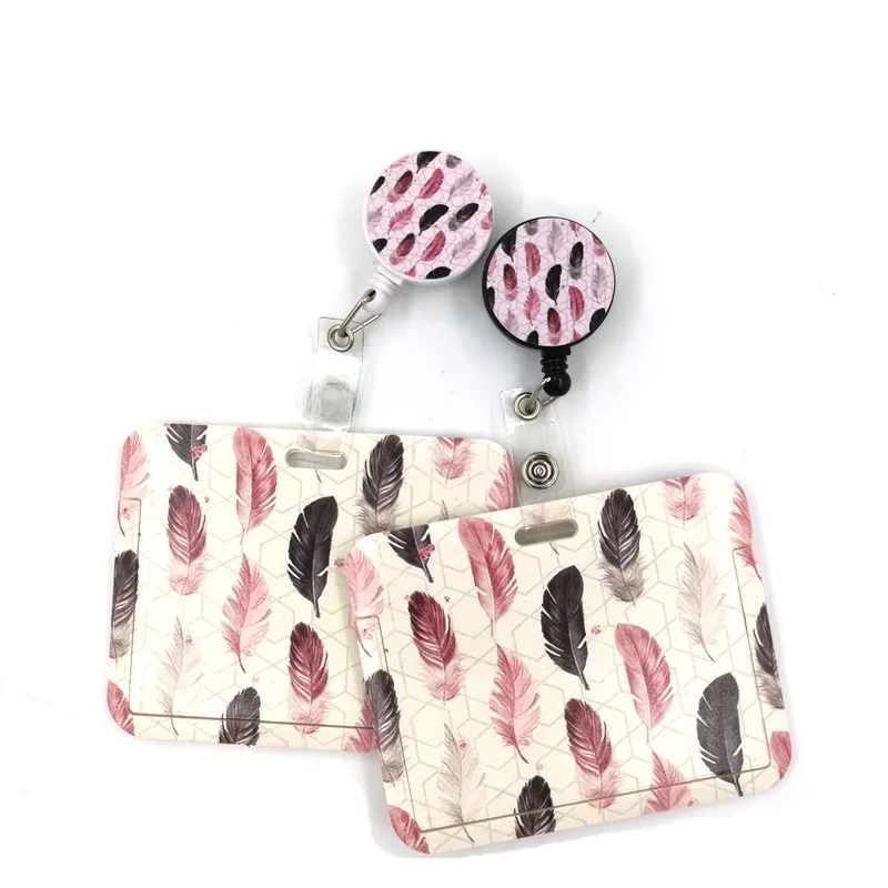 Noir rose feuilles plume horizontale mignon carte couverture Clip lanière rétractable étudiant infirmière Badge carte d'identité porte-Badge accessoire