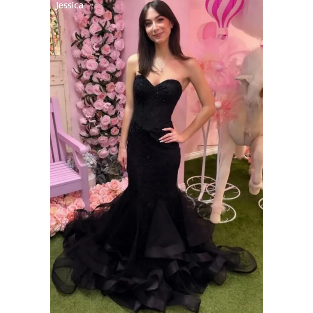 

Роскошные черные вечерние платья Jessica из многослойного тюля с завитыми краями, сексуальные выпускные платья с открытыми плечами, платья принцессы для вечеринок