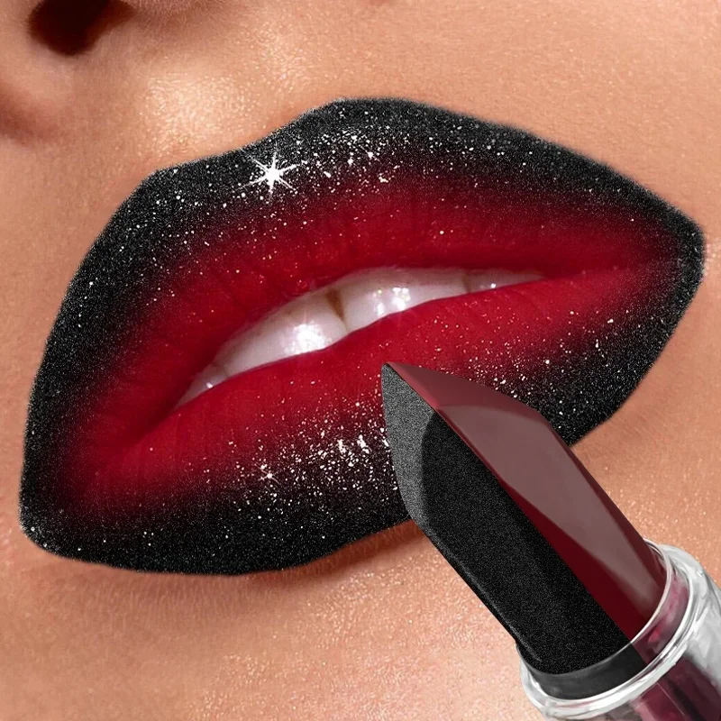 Wasserfester, langanhaltender, feuchtigkeitsspendender, matter, nicht-klebender Lippenstift mit Perlglanz-Effekt, Diamant-Lippenfarbe, rote sexy Lippen-Make-up für Halloween.