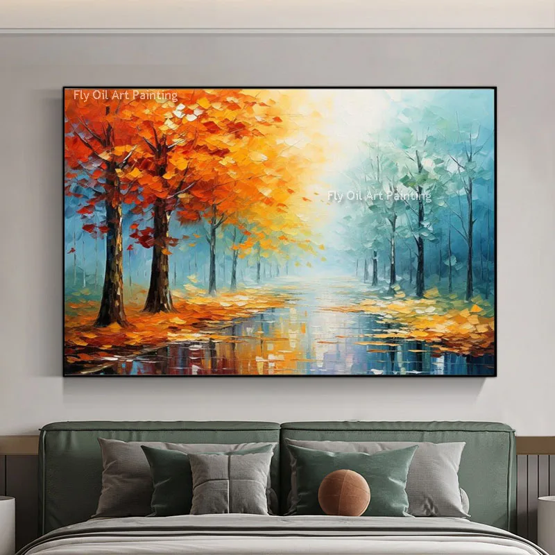 Large Colorful Forest Canvas Oil Painting Wall Art Handmade Nature  Canvas Painting Forest Path Wall Art For Living Room Decor