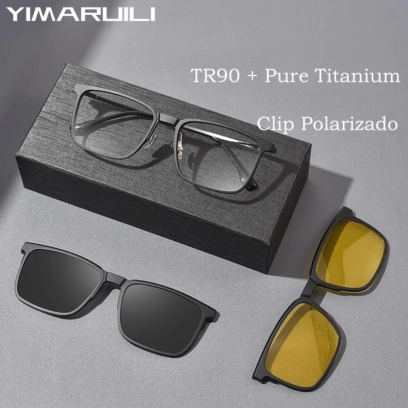 

YIMARUILI Fashion Polarized Magnetic Clip On Glasses TR90 Pure Titanium Retro Square Optical Prescription Eyeglasses Frame Men