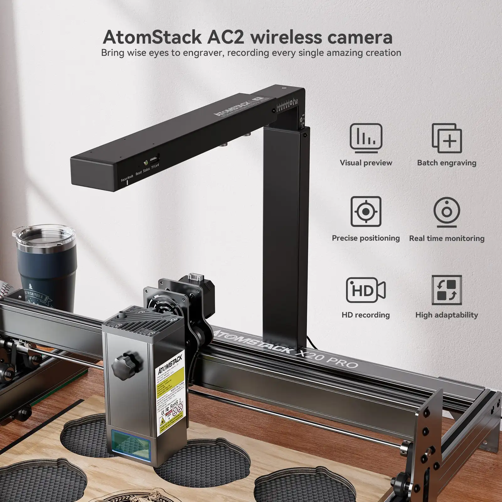 ATOMSTACK New AC2 Wireless Lightburn Camera Precise Positioning Work Preview Video Recording For Laser Engraving Machine