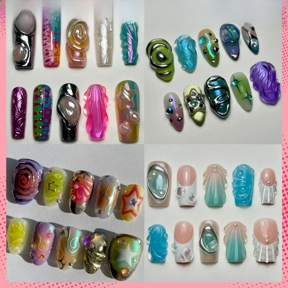 Faux ongles en Gel acrylique 3D faits à la main, 10 pièces, Design de coquille aurore, voyage, vacances, Portable, amande détachable, presse sur Nail Art, cadeau