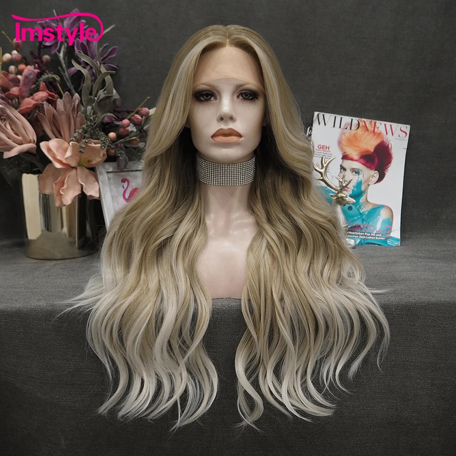 Imstyle Ombre Blonde Wig Synthetic Lace Front Wig Long Wavy Wigs For Women T Part Lace Wig Heat Resistant Fiber Natural Hairline