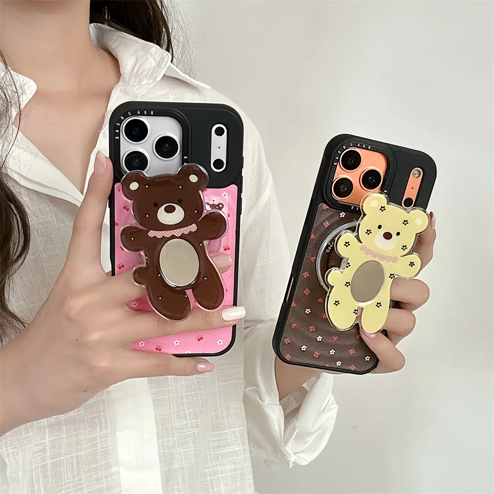 

Kawaii Bear Mirror Magnetic Holder Phone Case for iPhone 17 Pro 16 Pro Max 13 14 15 Luxury Leather Cute Cherry Protective Cover
