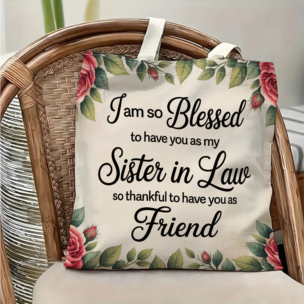1 Piece of a Gratitude-Themed Watercolor Rose Floral Canvas Shoulder Bag for Sister-In-Law/Brother-In-Law, Lightweight Foldable Tote Bag with Fixed Shoulder Strap, Reusable Shopping Bag, Perfect Gift for Commuting, Travel, Shopping, School, and Holidays