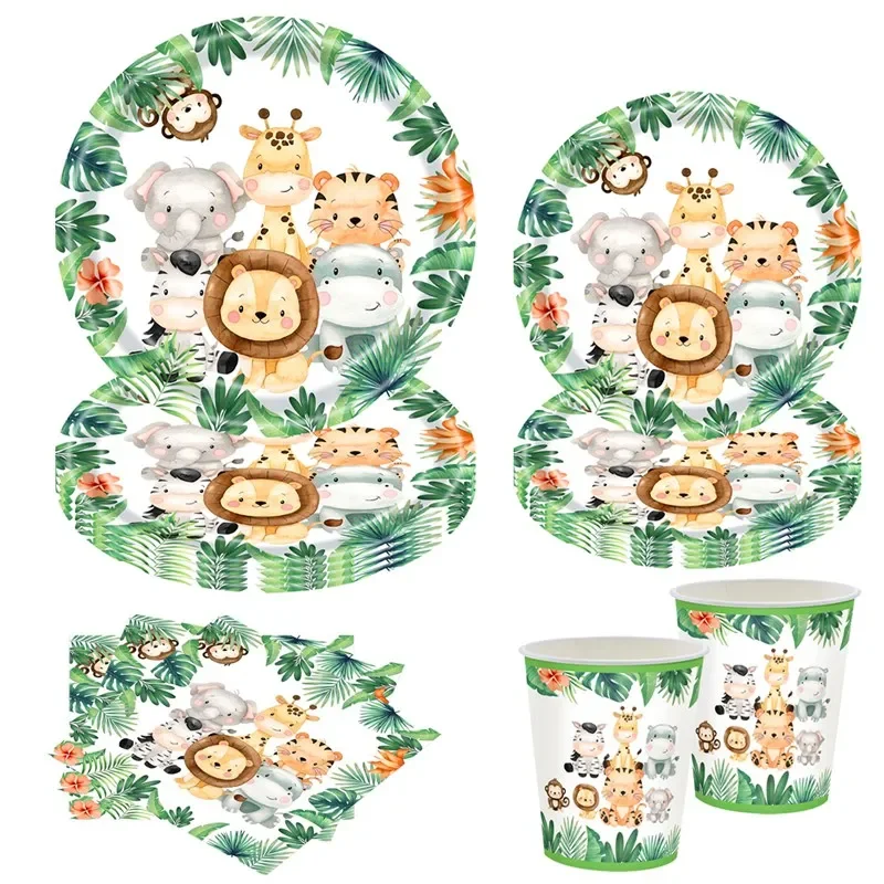 Vaisselle jetable pour fête prénatale, Safari dans la Jungle, décor de fête d'animaux pour garçon, fournitures de fête d'anniversaire pour 1er sauvage, forêt