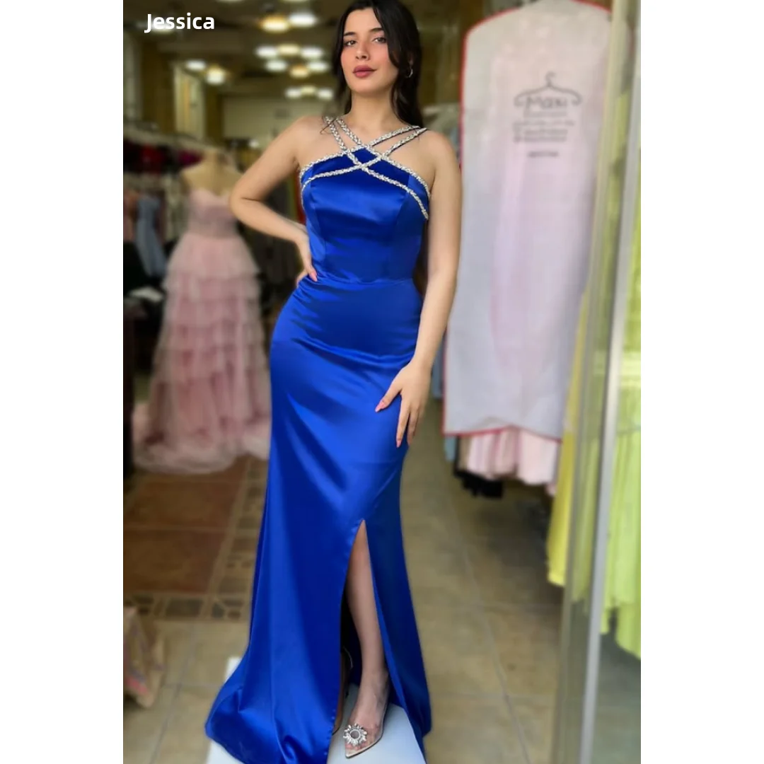 Jessica Abiti da sera con ornamento al collo con perline fatti a mano Abiti da ballo in raso blu Vestibilità slim con spacchi laterali Abiti da festa personalizzati