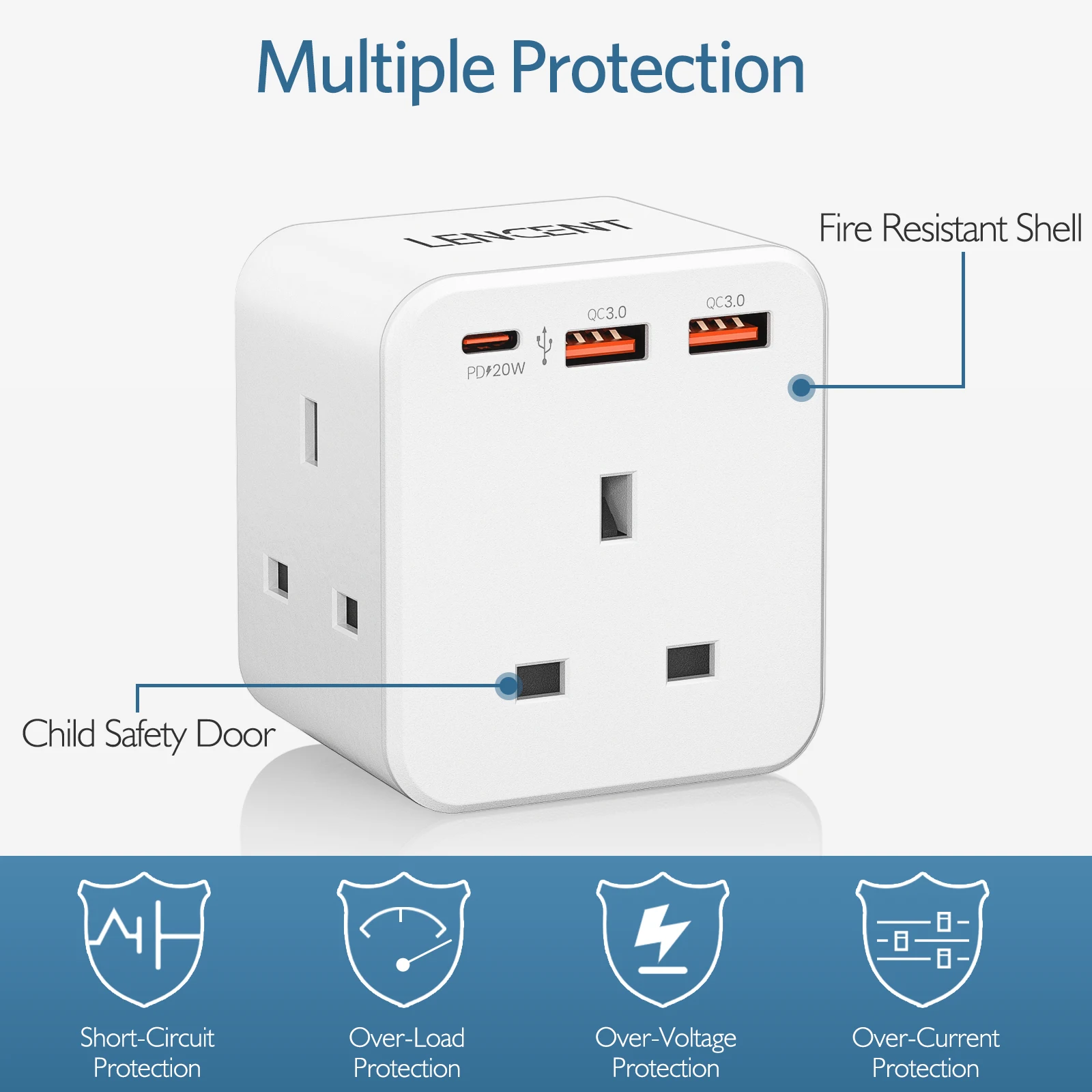 LENCENT UK Plug Power Strip  with 3 AC Outlets +2 USB QC 3.0 +1 Type C PD 20W Fast Charger Multi Socket Power Adapter for Home