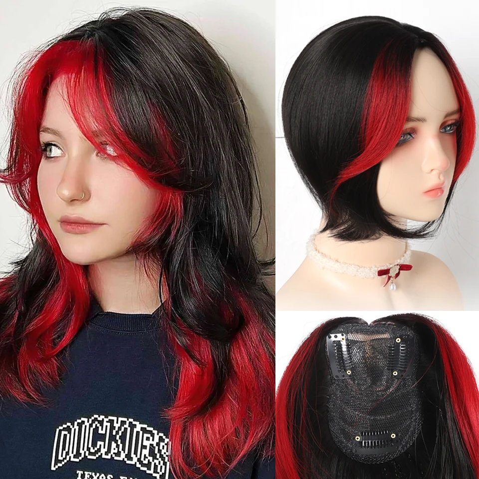 Synthetic Topper Hairpiece Middle Part Bangs Highlighted Red Blue Straight Bangs Covering White Hair Closure Hairpiece