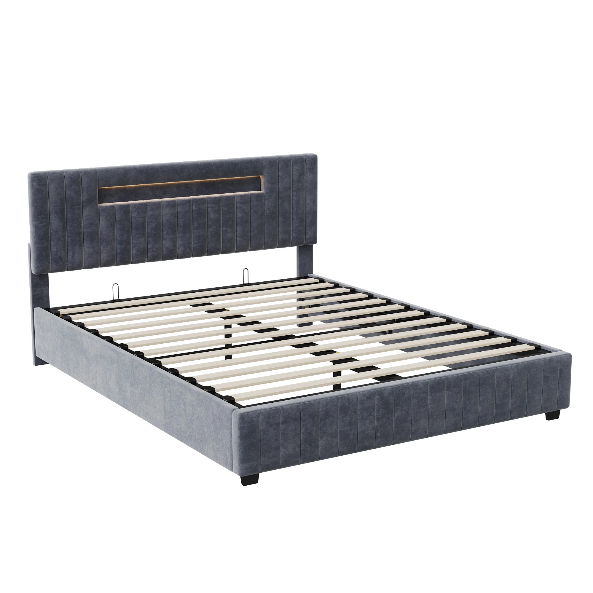 Doppelbett 140 x 200 cm mit Gasdruckheber, Holzgestell, gepolstertem Kopfteil und grauem Veloursbezug，ohne Matratze，grau