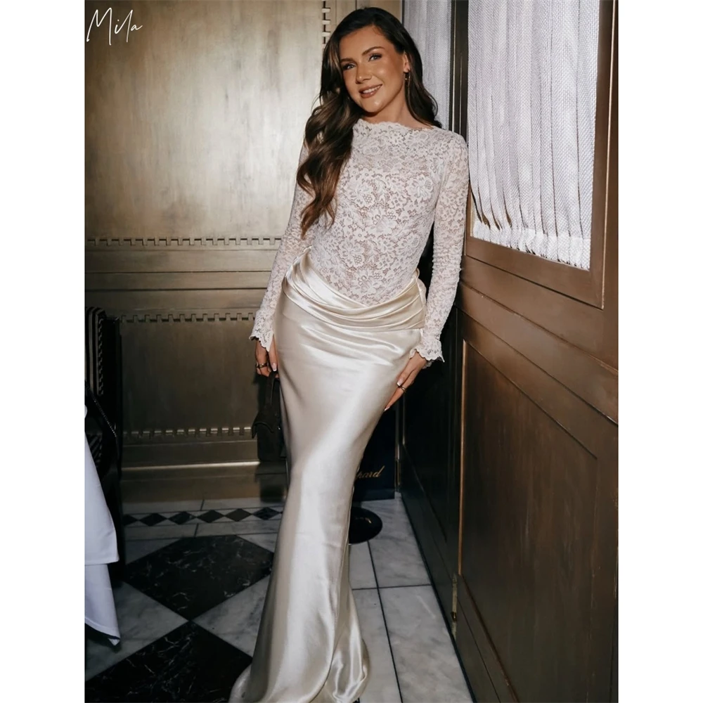 Mila Customized Mermaid High Neck Pleated Lace Prom Dress Long Sleeve Elegant Vestidos De Noche Floor-Length Formal Evening 2026