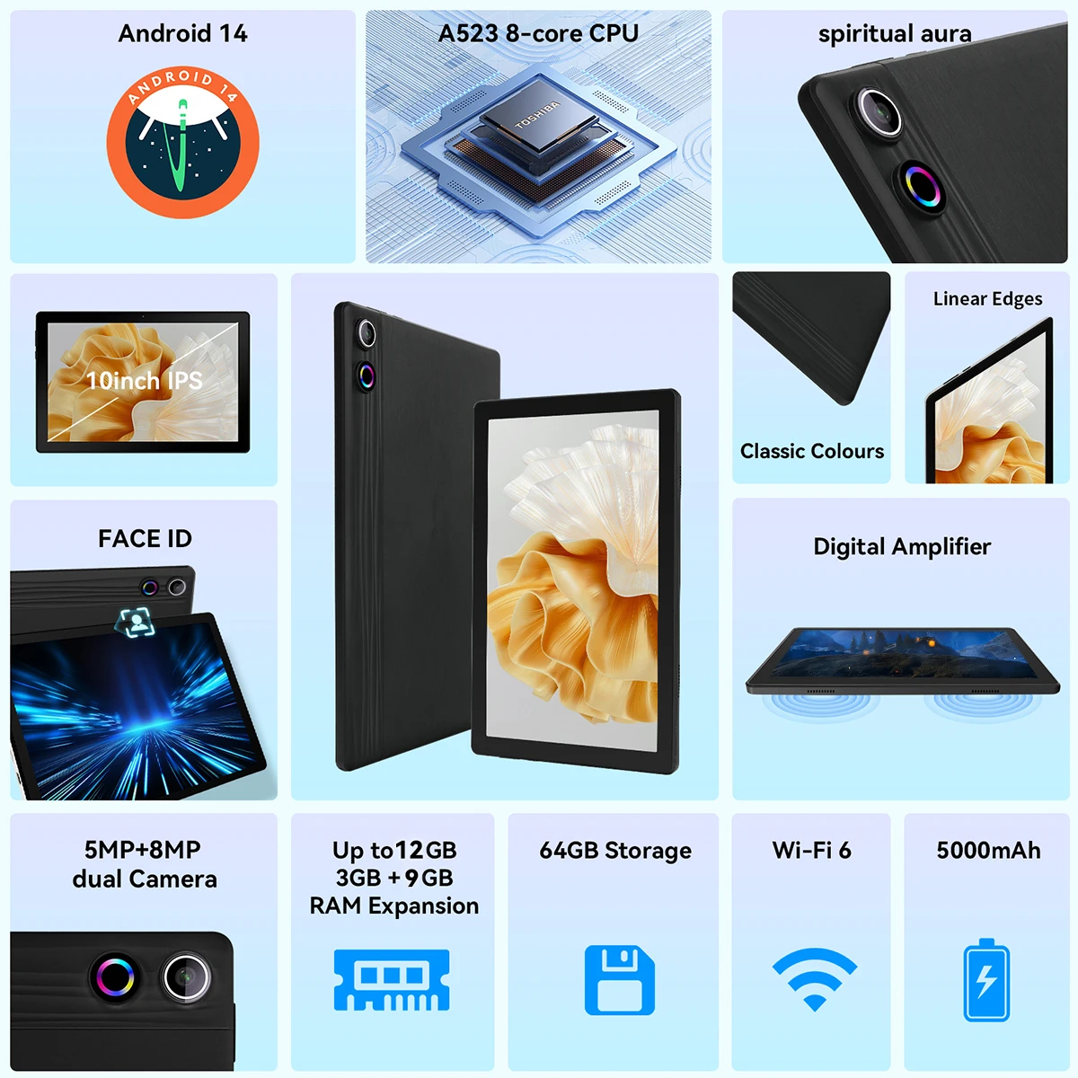 A10L 10 Inch Android 14 Tablet Face Unlock HD IPS Screen Octa-Core 12GB+64GB Protective Case Stylus Keyboard Mouse Headphones
