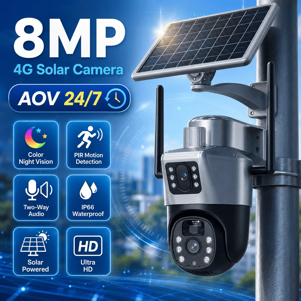 Telecamera IP PTZ wireless 4G AVO 4K con doppia lente, alimentata a energia solare, per esterni, sistema di videosorveglianza CCTV, 8MP, con batteria, tracciamento automatico AI, visione notturna,