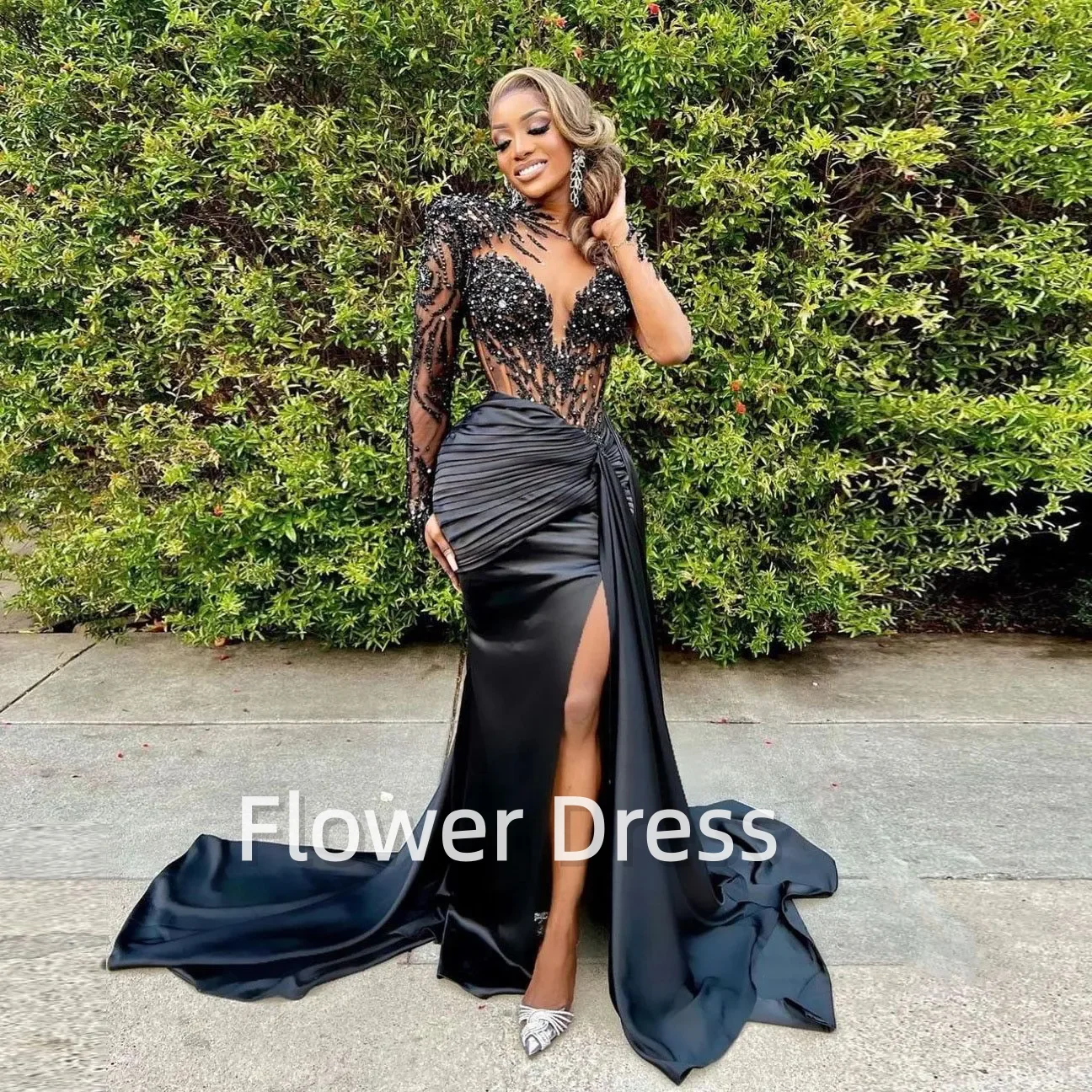 Customized Sexy Mermaid Prom Dress For Black Girls With Beaded Crystal Evening Party Gowns Side Slit Court Train Robes De Soirée