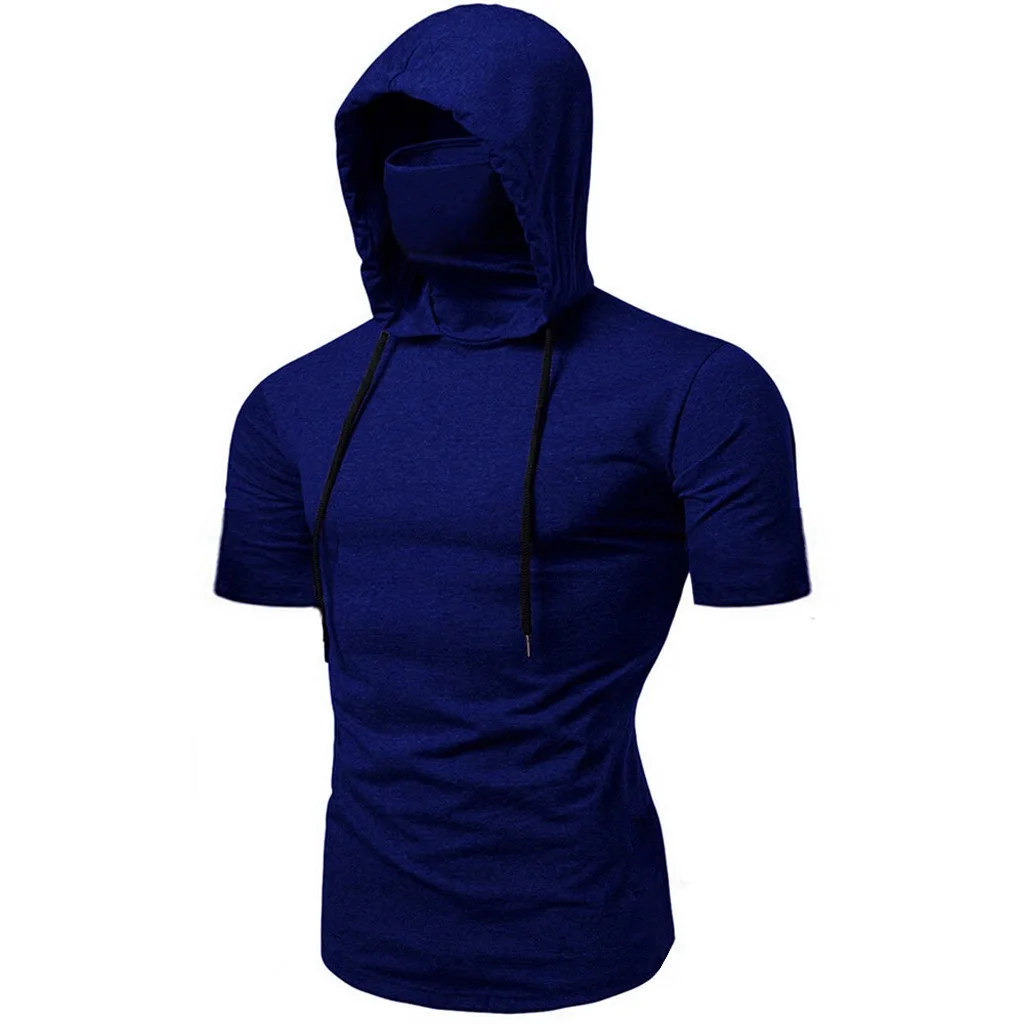 2022 new Fashion Sleeveless Mask Hooded T Shirt Men Casual Elastic Solid Fitness Tshirt Hip Hop Slim Fit Male T-shirt Streetwear