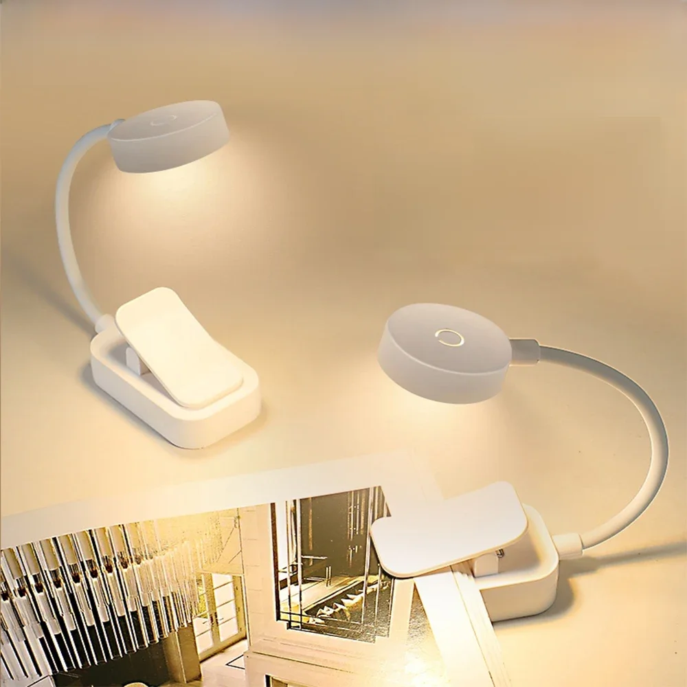 Portátil candeeiro de mesa LED com Clip, proteção ocular, 3 cores, alimentado por bateria, USB, luz