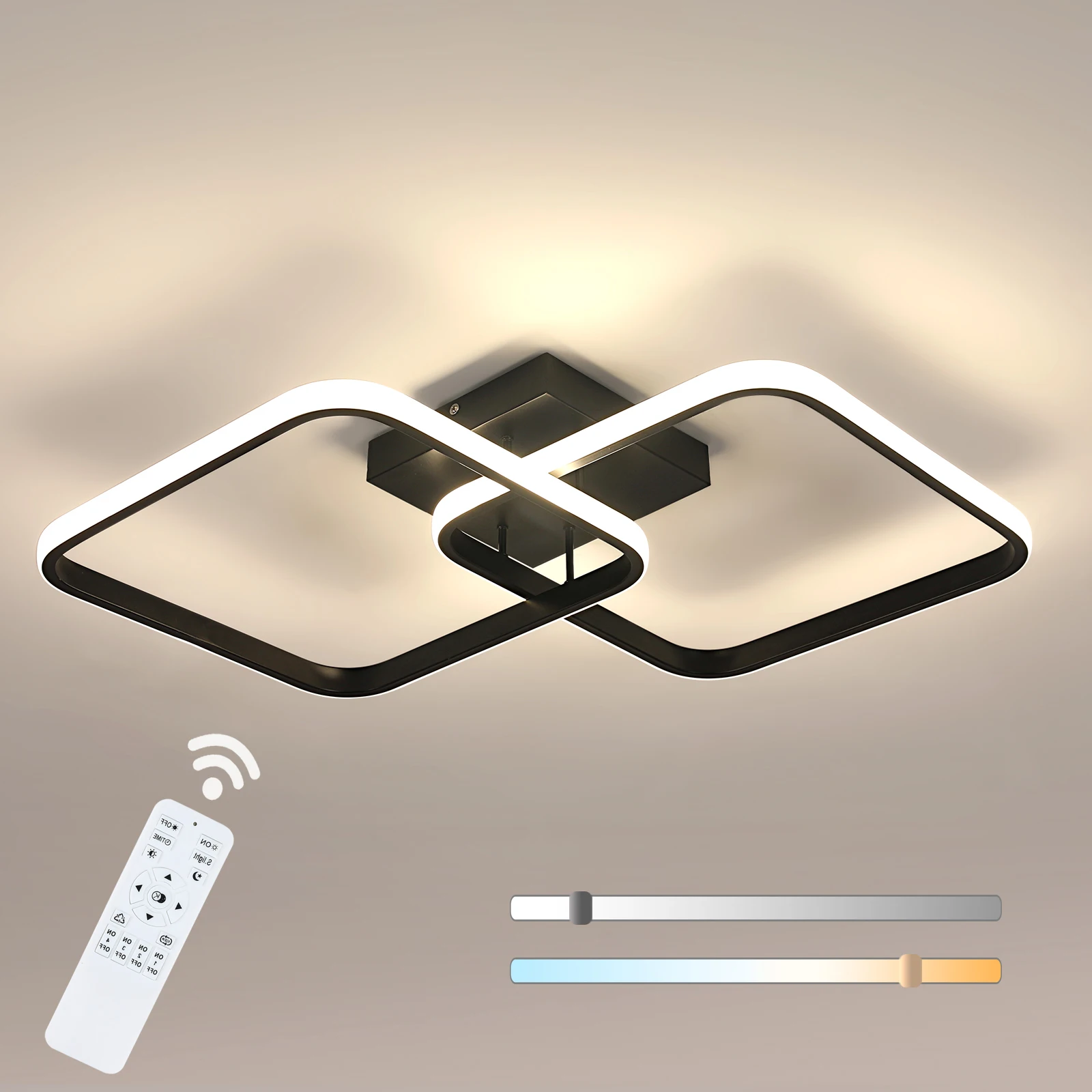 Moderne 2-vierkante in elkaar grijpende LED-plafondlamp, 50W, afstandsbediening, traploos dimbaar, instelbare kleurtemperatuur 3000K-6500K, inbouwlamp, voor woonkamer, slaapkamer, huis,