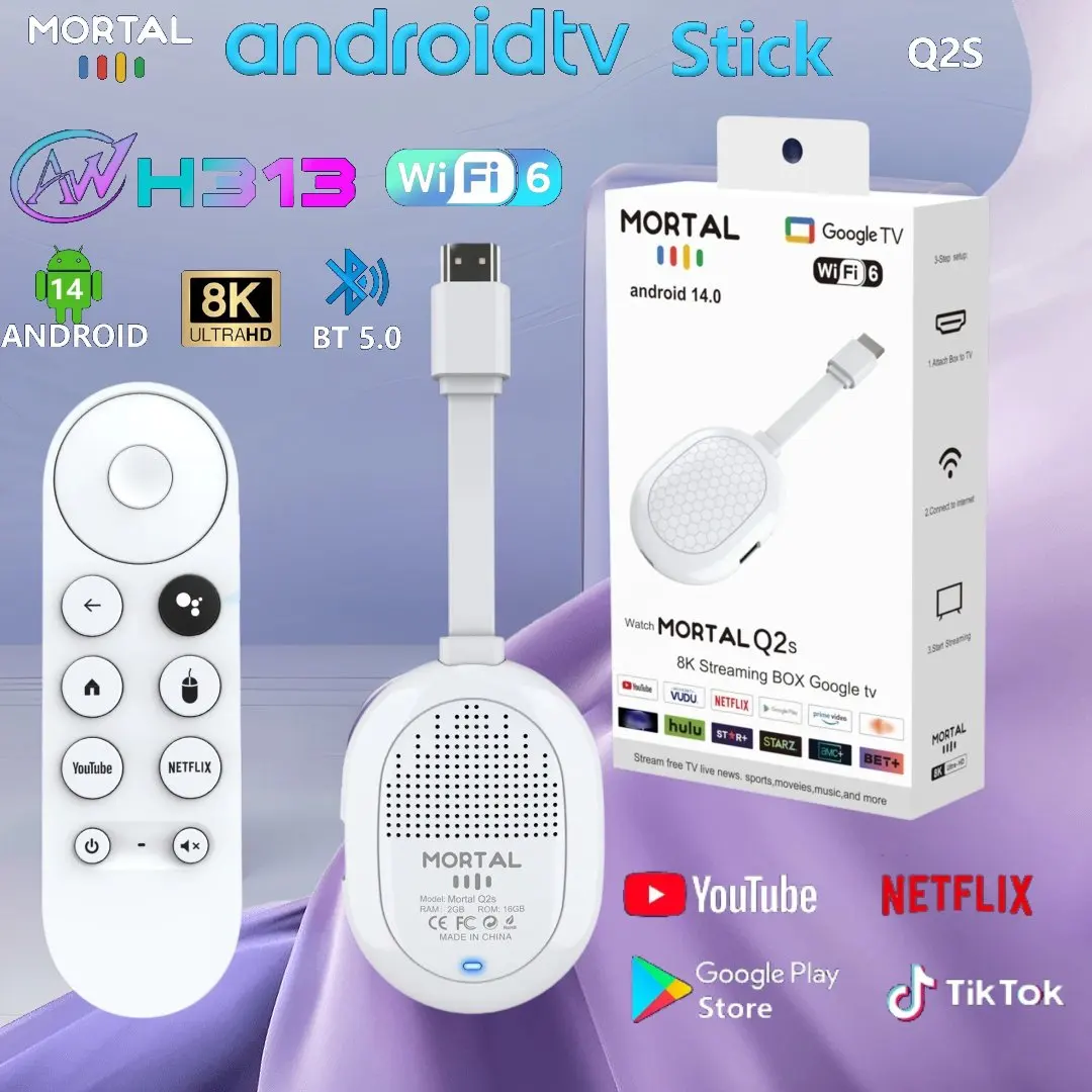 

Прямая продажа с фабрики Android 14 Allwinner H313 ТВ-приставка Mortal Q2S Dongle Поддержка Youtube Google Wifi6 BT5.0 8K Voice Remote TV BOX