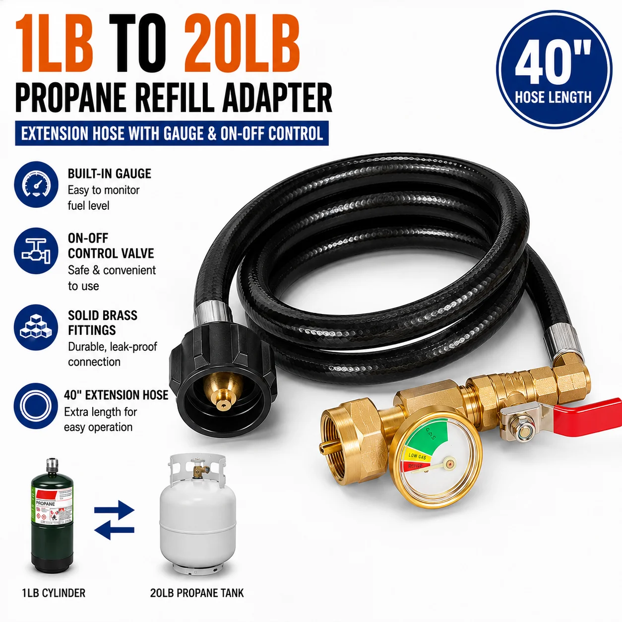 40 Inch Propane Refill Adapter Hose 1LB to 20LB with Pressure Gauge On Off Valve QCC1 Type 1 LP Gas Tank Refill Extension Hose