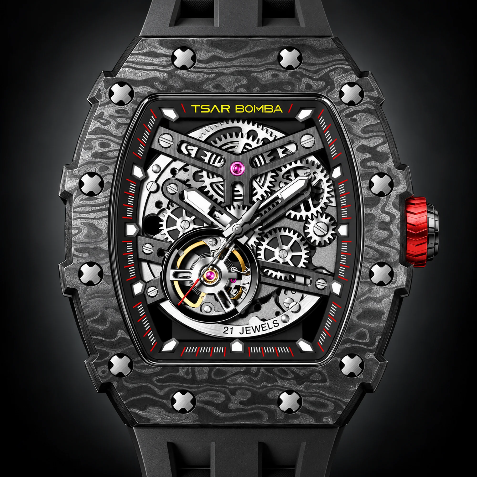 TSAR BOMBA Men's Automatic Mechanical Watch Tonneau-Shaped Skeleton Wristwatch Sapphire Crystal 50M Water Resistant Luxury Watch
