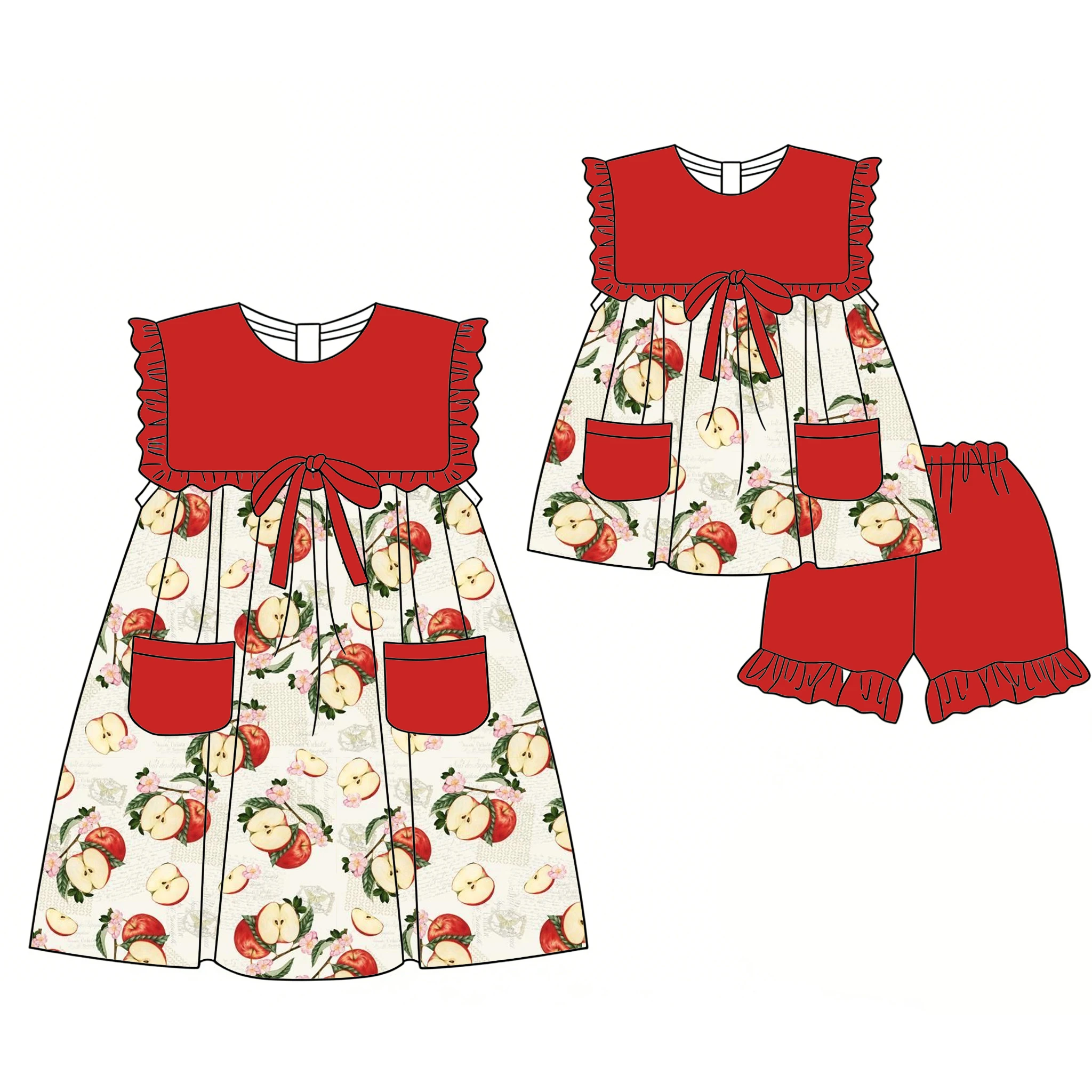 Boutique children's sets Sleeveless ruffle dress paired with shorts pocket bow decoration Fruit dessert prints dress and set