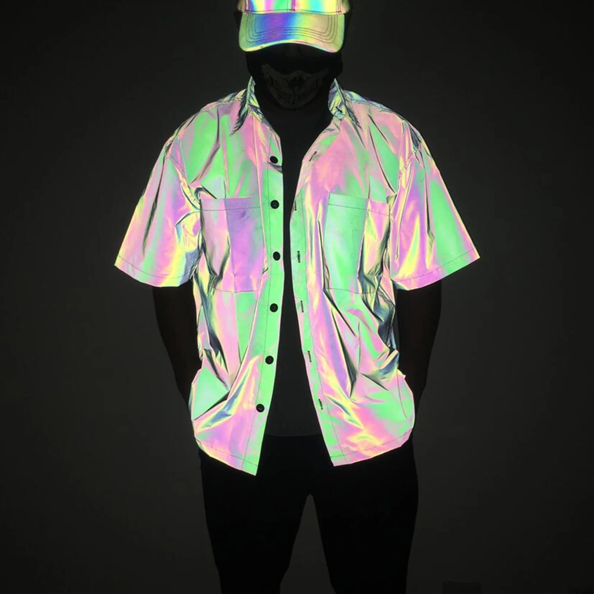 Unisex Holographic Men’s Geometric Men Short Sleeve Shirt Street Hip Hop Punk Blouse Casual Rainbow Reflective Clothing