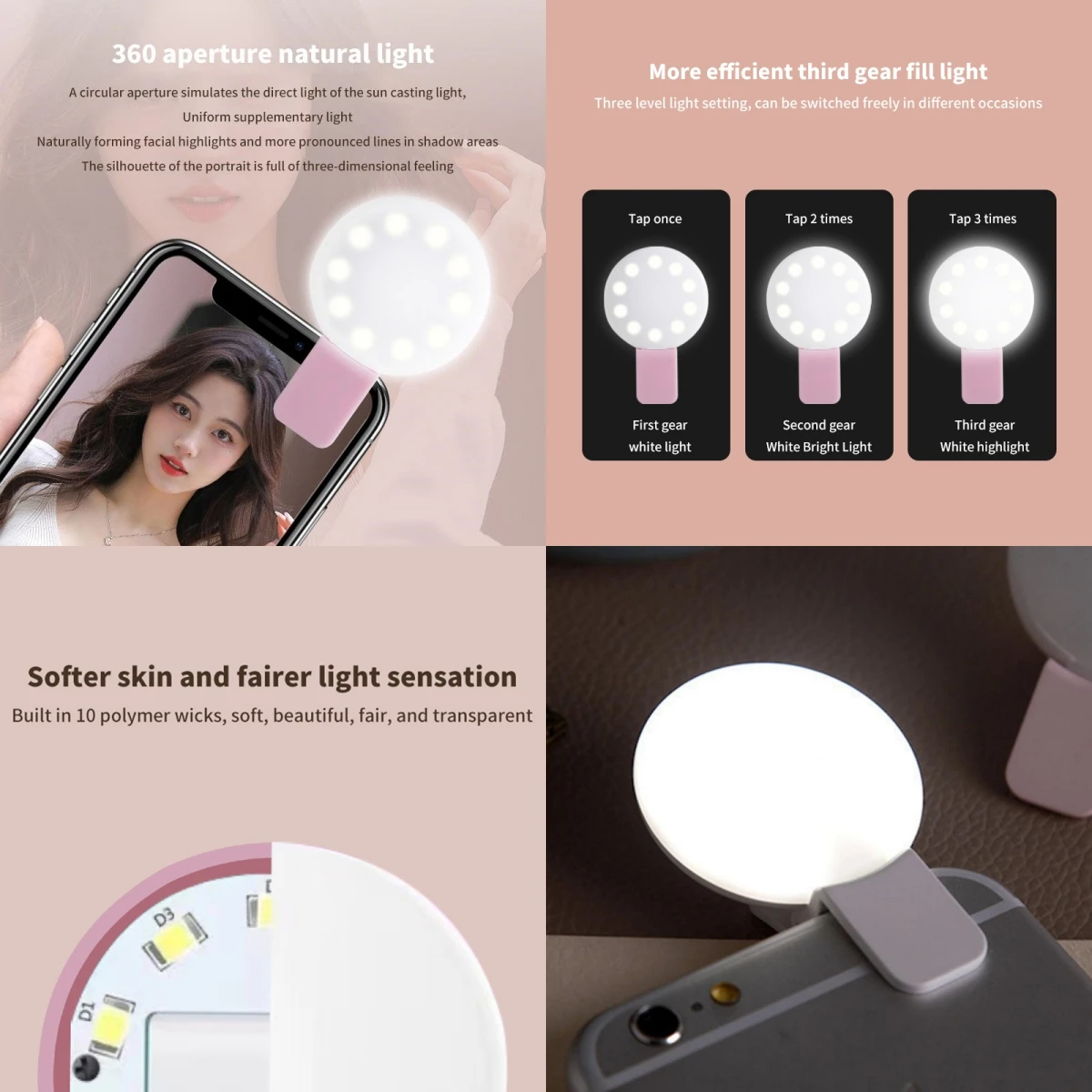Mini Selfie Ring Light LED Flash Phone Lens Light USB ricaricabile Clip Mobile