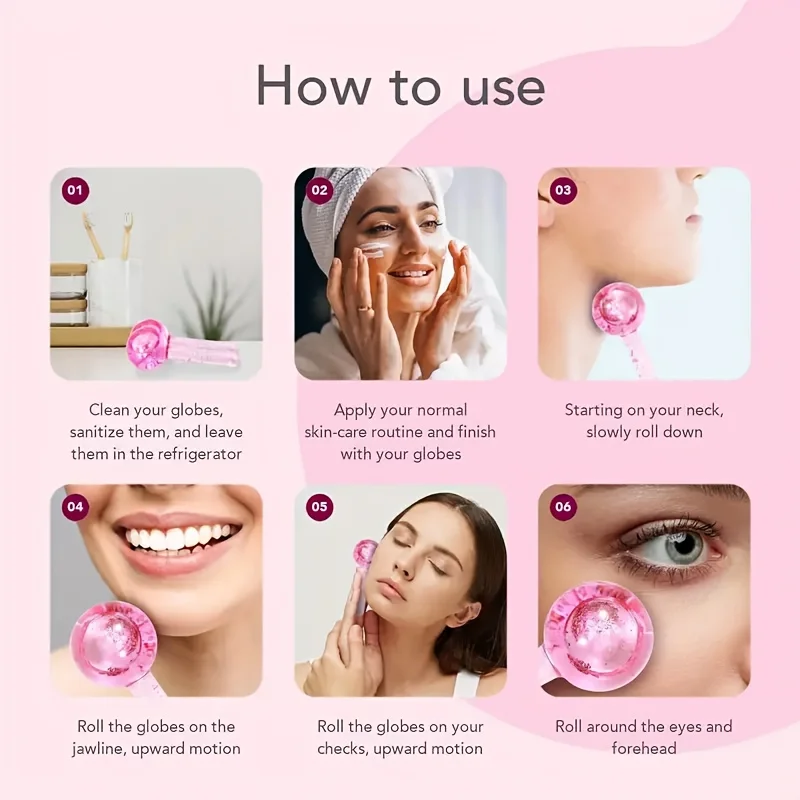 Globos de gelo para faces, 2 peças, caixa de duas bolas de beleza de massagem com glitter para cuidados faciais, bolas, massageador facial, ferramentas