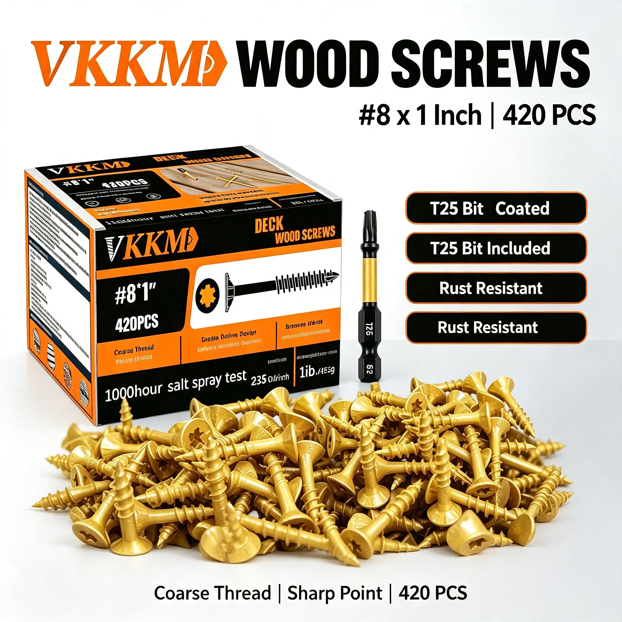 VKKM #8 x 1 Inch Yellow Bronze Coated Deck Wood Screws 420PCS T25 Star Drive Coarse Thread Self Tapping Screws with Bit, Outdoor Decking Fencing Garden Wood Construction Use