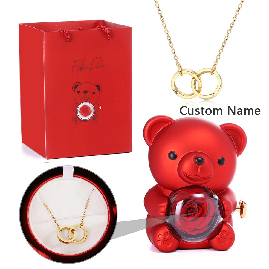 Teddy Bear Gift Box with Round Necklace Rotating Eternal Rose Box  Wedding Jewelry Occasions Custom Name Necklace Gift For Women