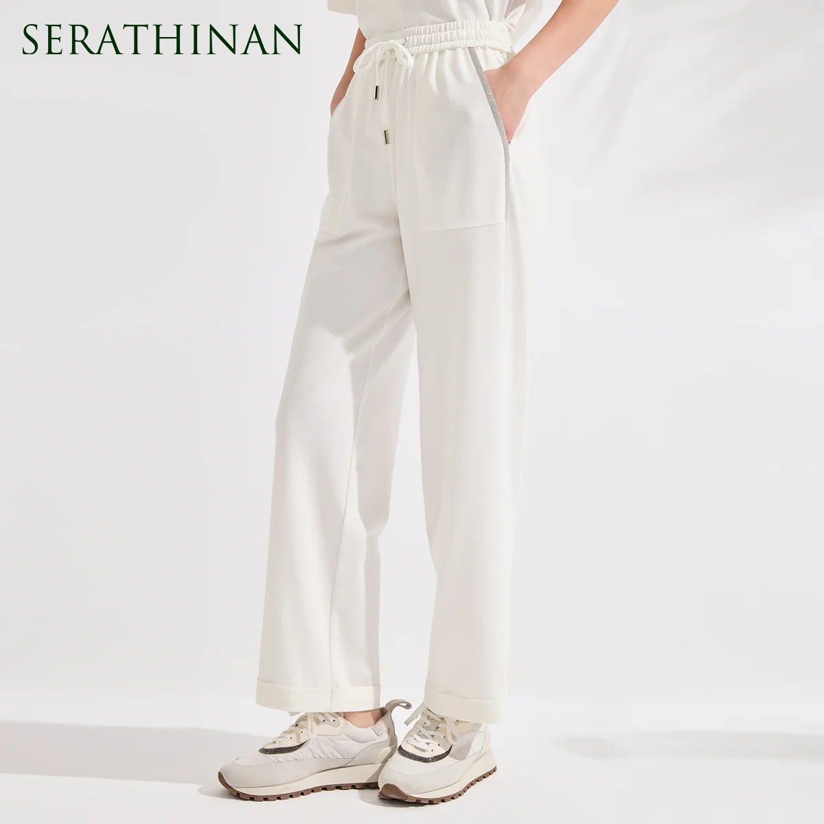 KX9613614 Elegant Cotton Blend Trousers Women's Luxury Silver Line Detail Black Sweatpants High Quality Designer Slim Pants