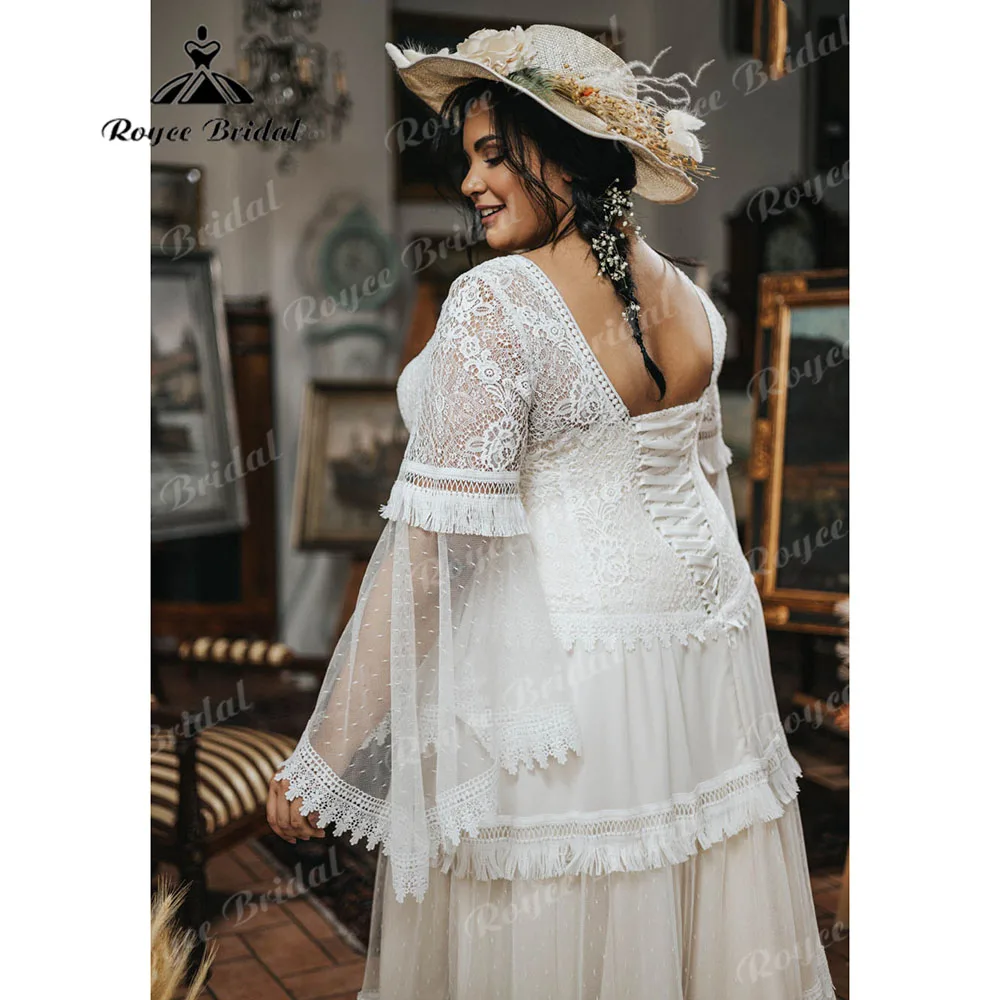 Vestido de novia de manga larga con cuello en V para mujer, traje de novia bohemio con borlas para playa, talla grande, 2024