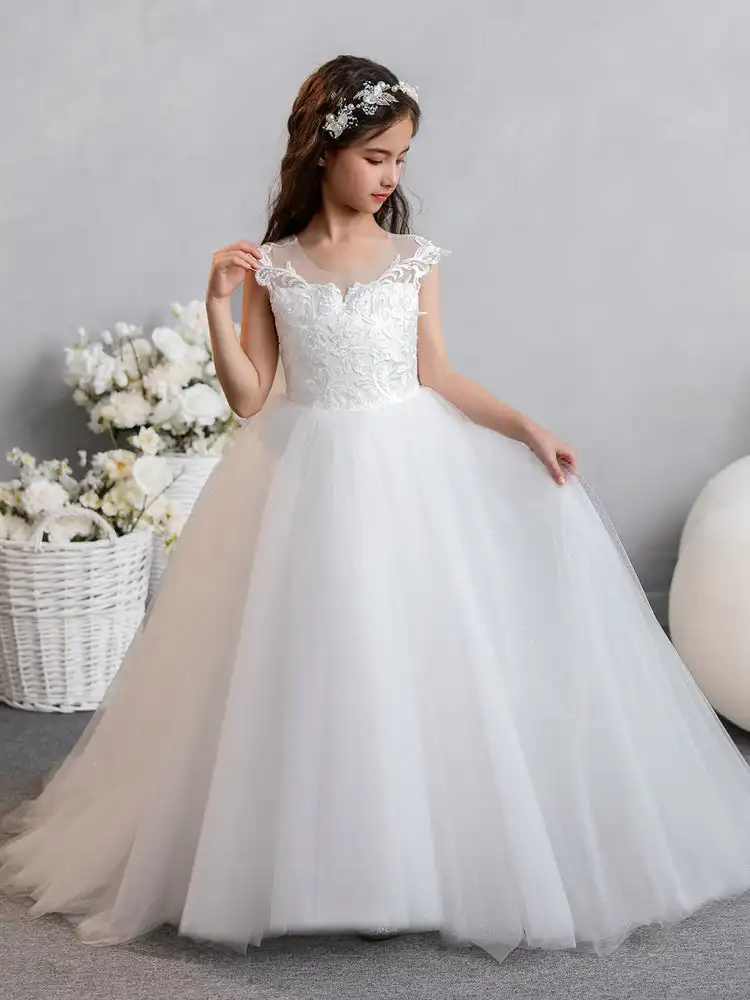 

Girls White Floral Embroidery Bow Lace Front Gown Dress Princess Crew Neck Tulle Appliques Evening Dresses Kids Formal Wear