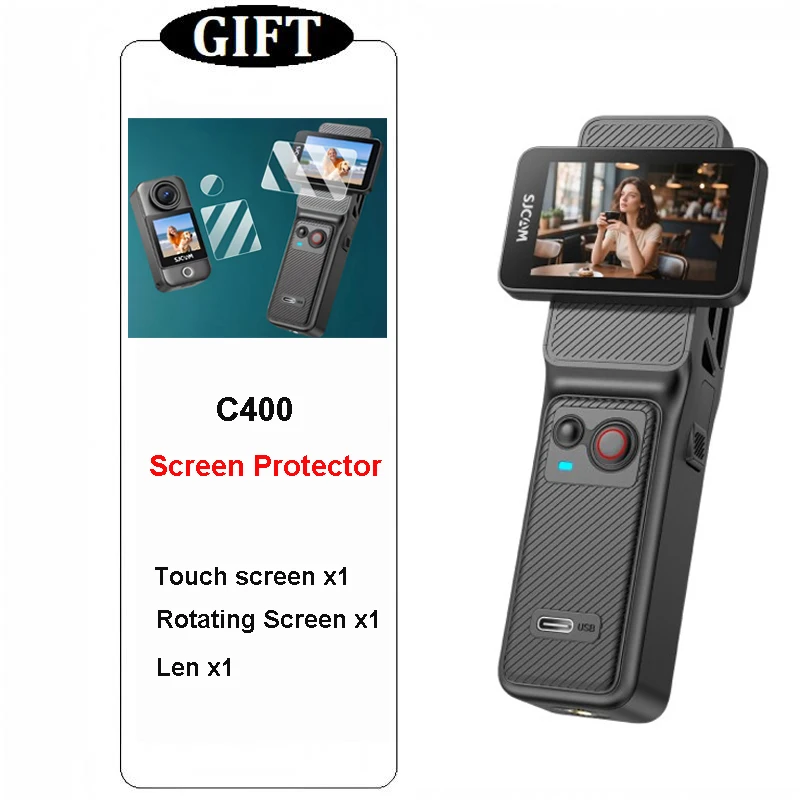 C400 with soft HD Screen protector,SJCAM Portable 4K Handheld Camera,long battery with rotating Screen