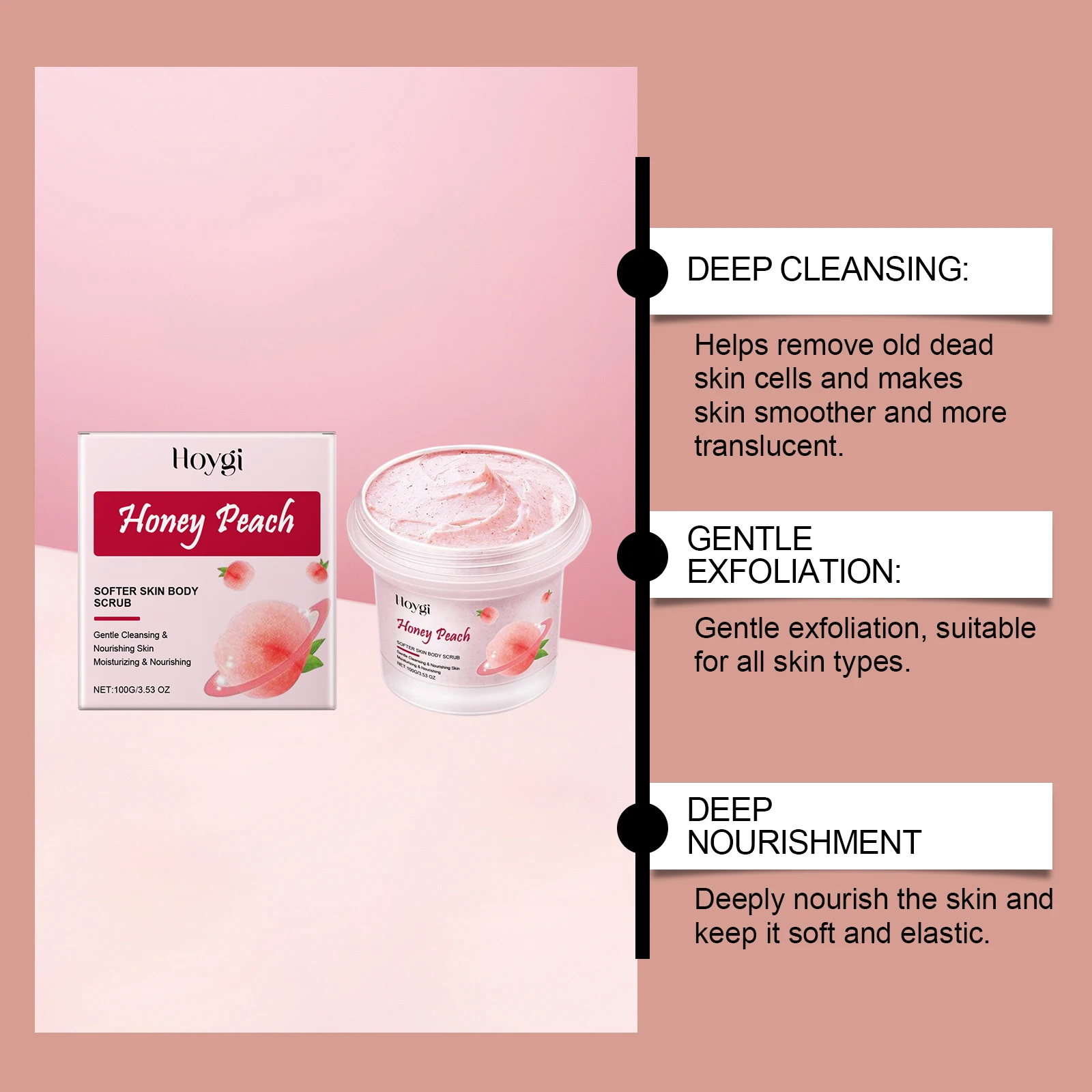 สครับขัดผิวโฮยจิ 100 กรัม กลิ่นน้ำผึ้งพีช ขจัดเมลานิน ผลัดเซลล์ผิวที่ตายแล้ว บำรุงผิวให้เนียนนุ่ม กลิ่นหอมสดชื่น ผิวกระจ่างใส