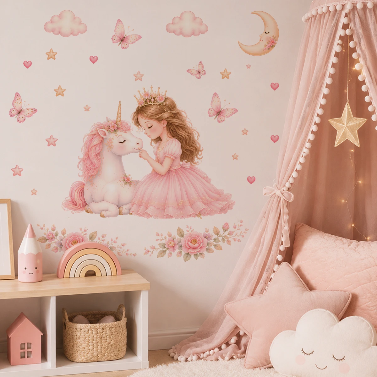 Aquarell Prinzessin Einhorn Wandaufkleber Rosa Schloss Traum Märchen Wandtattoos für Kinder Mädchenzimmer Schlafzimmer Heim-Dekoration