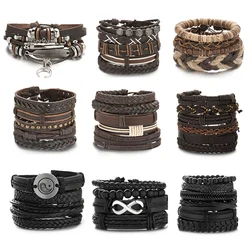 Hot Sale Men Feather Leather Bracelet Set Punk Hip-Hop Multi-layer Handmade Braided Bracelets Adjustable Jewelry Accessories