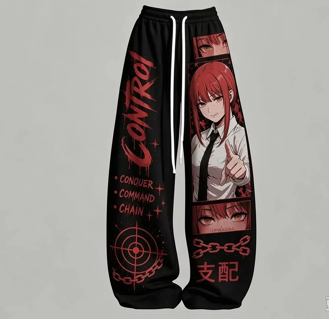 Red and Black Cool Anime Portrait Graphic Baggy Pants,Smooth Silky Drawstring Trousers Hobby Salon Sleek Character Sketch Lovers